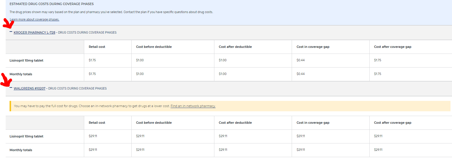 A table with two columns of data and prices.