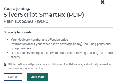 A screenshot of the medicare plan signup page.