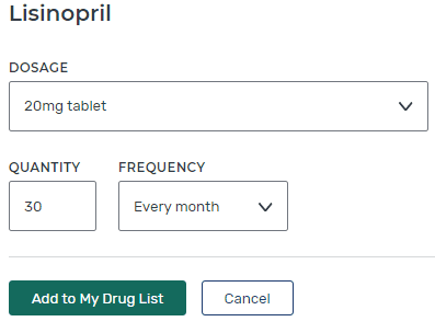 A screenshot of the filter for a drug list.